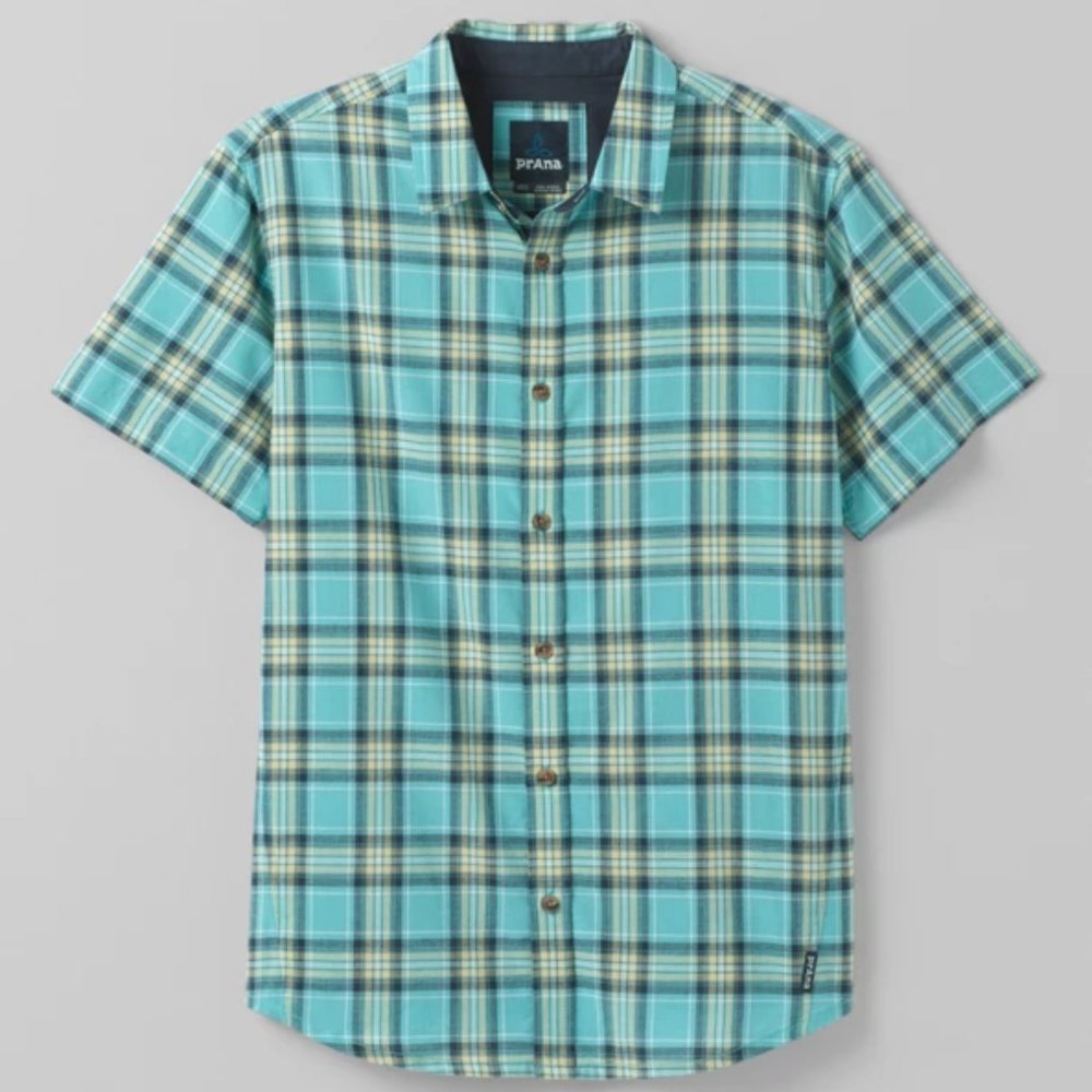 Prana Graden Shirt Men's Med & Lg 80% Organic Woven Cotton 20%Poly Color Azurite